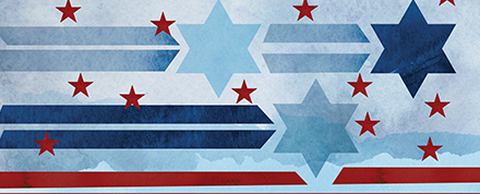 Blue stars with blue lines on a light blue background with small red stars and lines